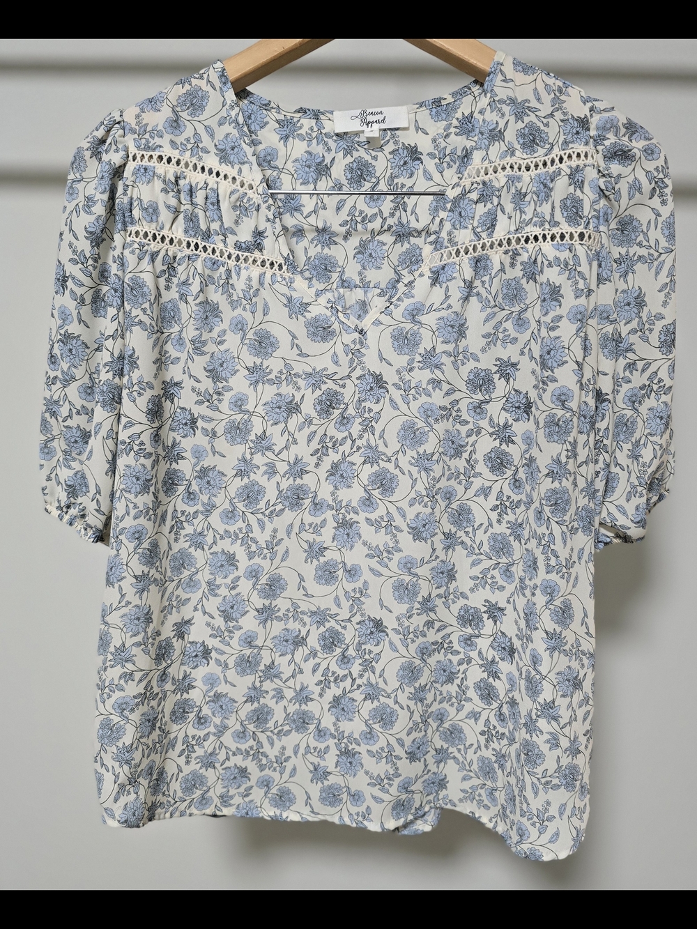 Beacon Apparel Floral Lace-Yoke Blouse in Cream and Blue